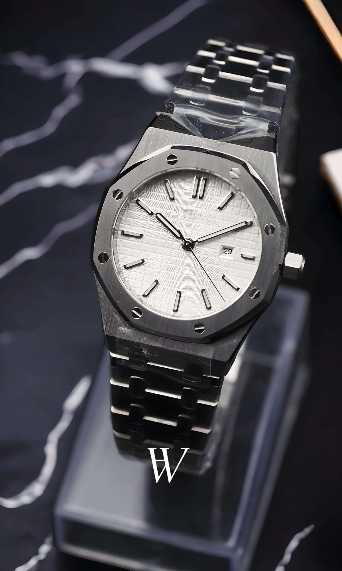Lady Royal Seikoak White de HW Design, reloj de caja integrada de 34 mm con esfera blanca, acero 316L y cristal de zafiro