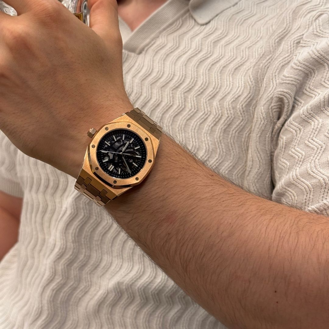 Royal Seikoak Rose Gold Skeleton de HW Design, reloj tipo esqueleto de caja integrada de 41 mm con esfera de oro rosa, acero 316L y cristal de zafiro