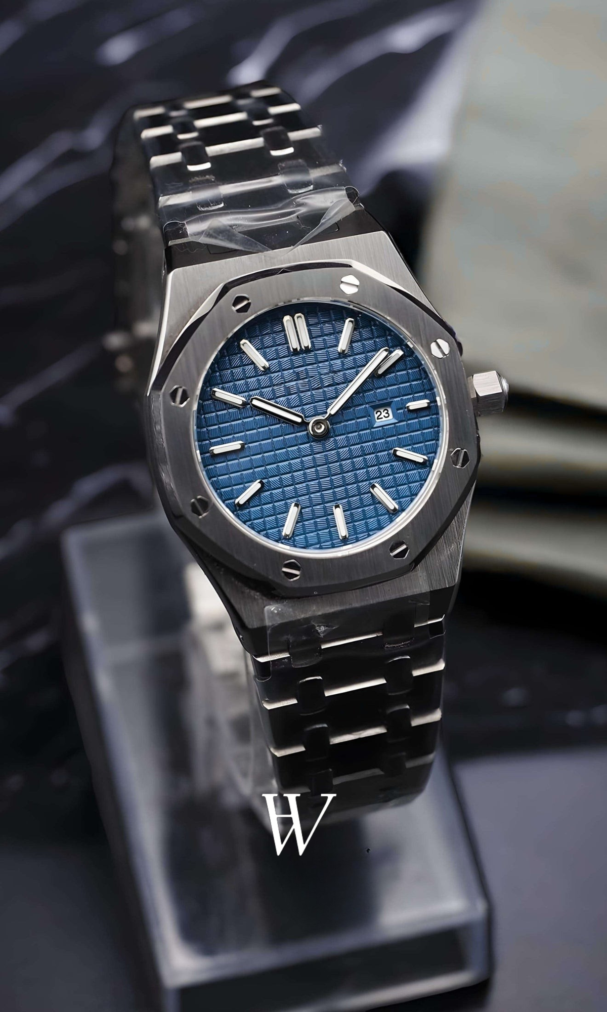 Lady Royal Seikoak Blue de HW Design, reloj de caja integrada de 34 mm con esfera azul, acero 316L y cristal de zafiro
