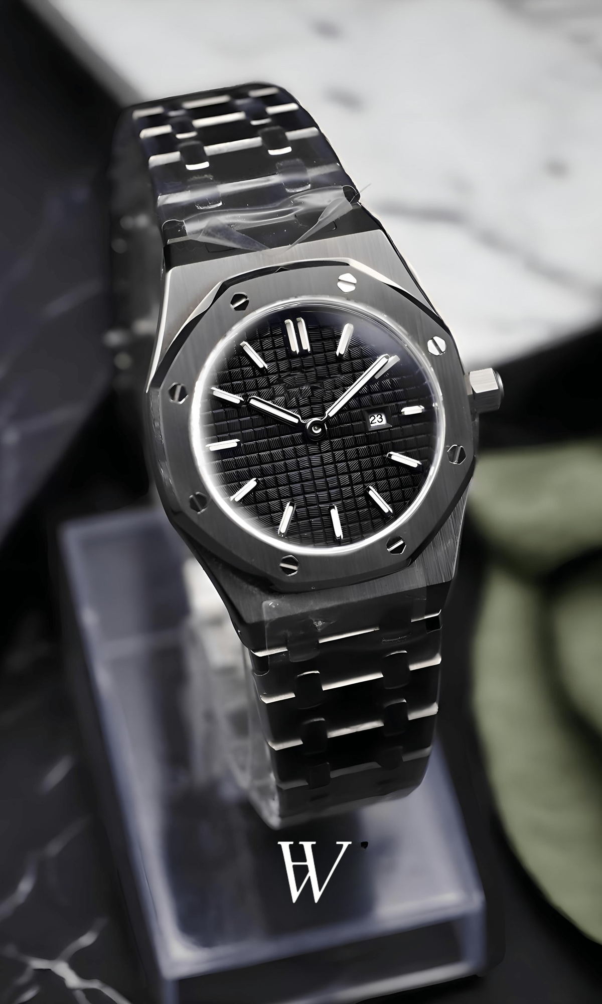 Lady Royal Seikoak Black de HW Design, reloj de caja integrada de 34 mm con esfera negra, acero 316L y cristal de zafiro