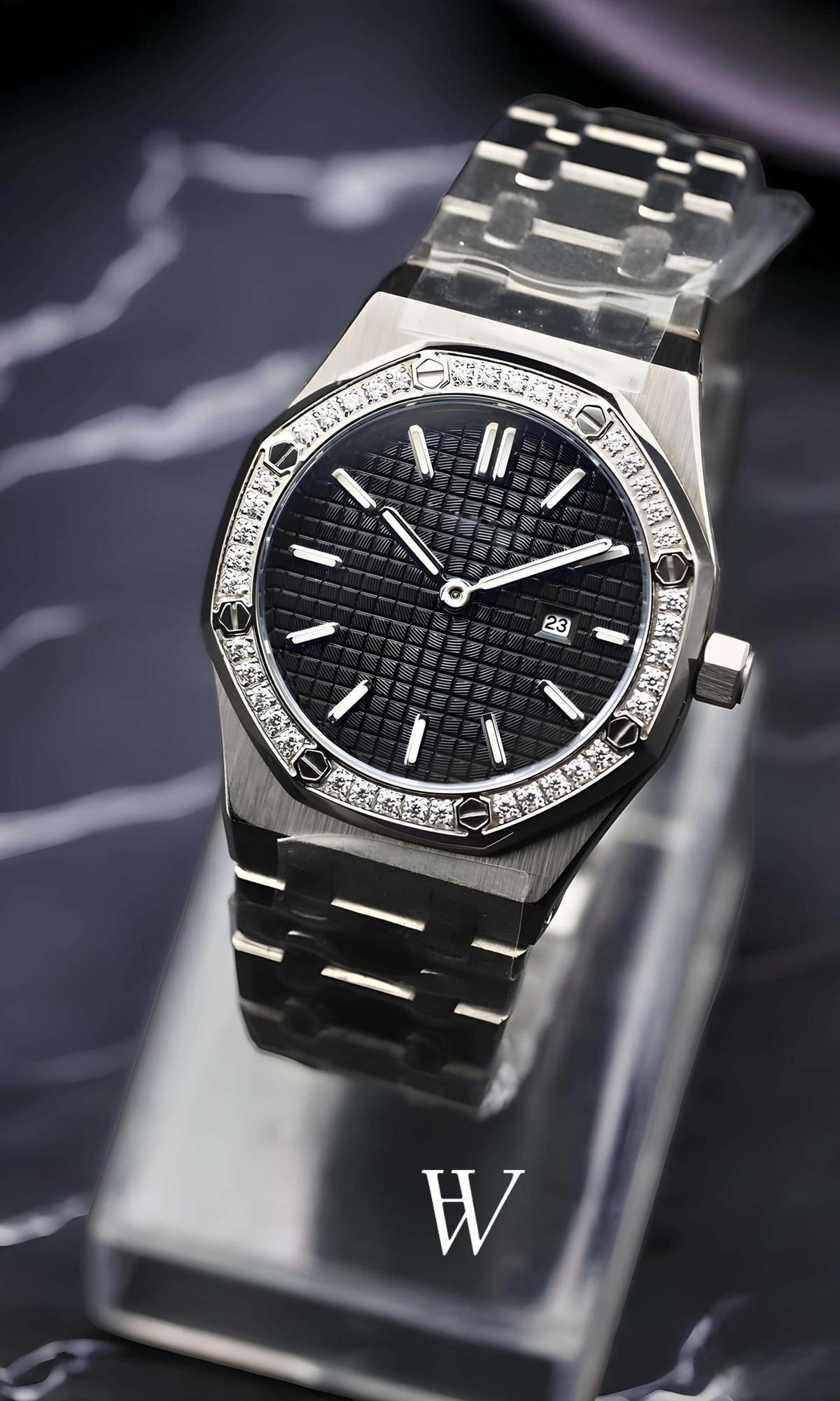 Lady Royal Seikoak Iced Black de HW Design, reloj de caja integrada de 34 mm con esfera negra, acero 316L y cristal de zafiro