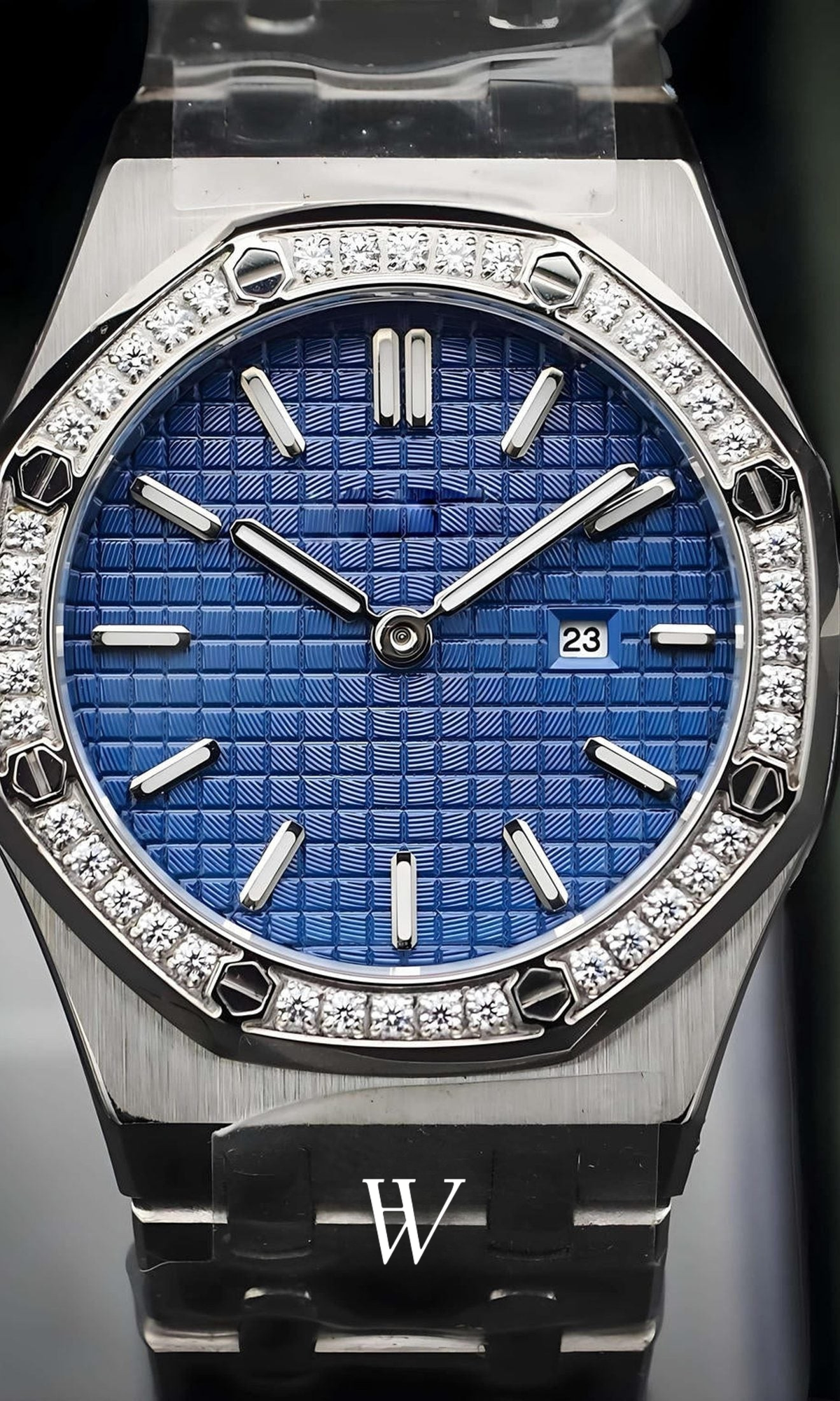 Lady Royal Seikoak Iced Blue de HW Design, reloj de caja integrada de 34 mm con esfera azul, acero 316L y cristal de zafiro