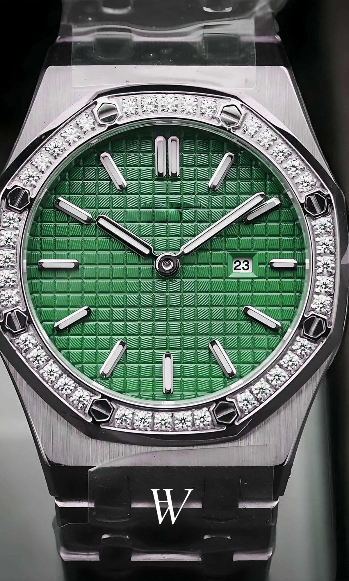 Lady Royal Seikoak Iced Green de HW Design, reloj de caja integrada de 34 mm con esfera verde, acero 316L y cristal de zafiro