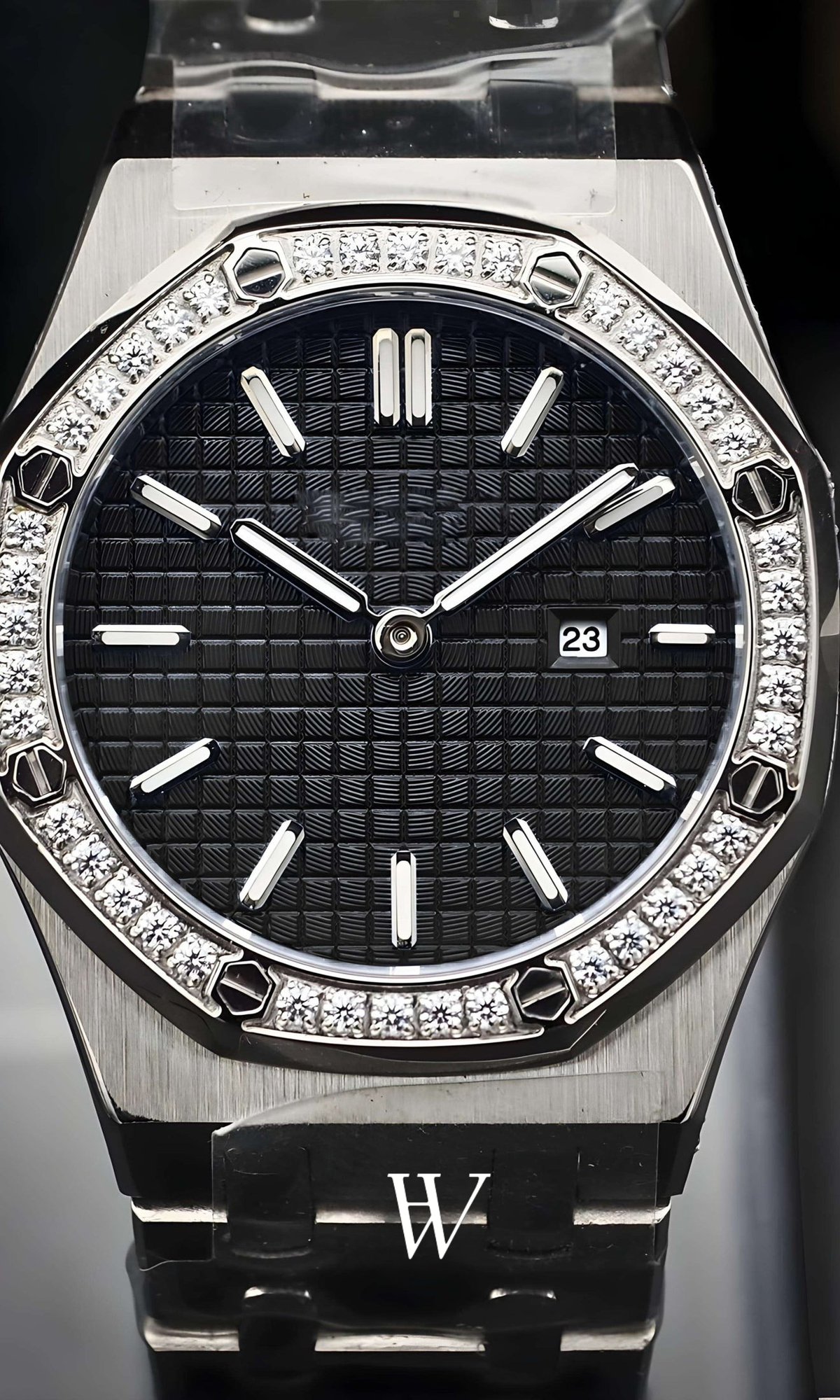 Lady Royal Seikoak Iced Black de HW Design, reloj de caja integrada de 34 mm con esfera negra, acero 316L y cristal de zafiro