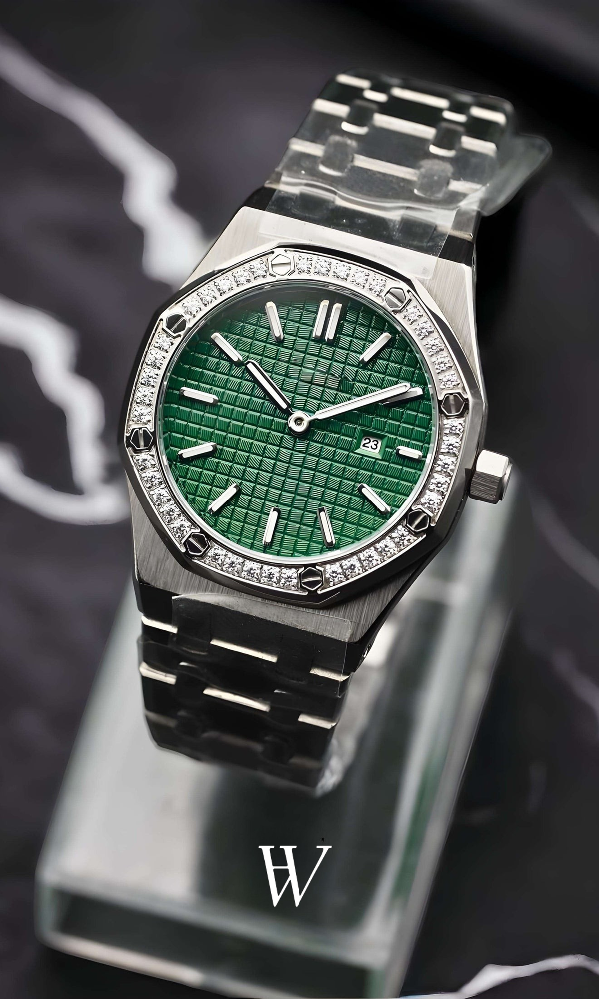 Lady Royal Seikoak Iced Green de HW Design, reloj de caja integrada de 34 mm con esfera verde, acero 316L y cristal de zafiro