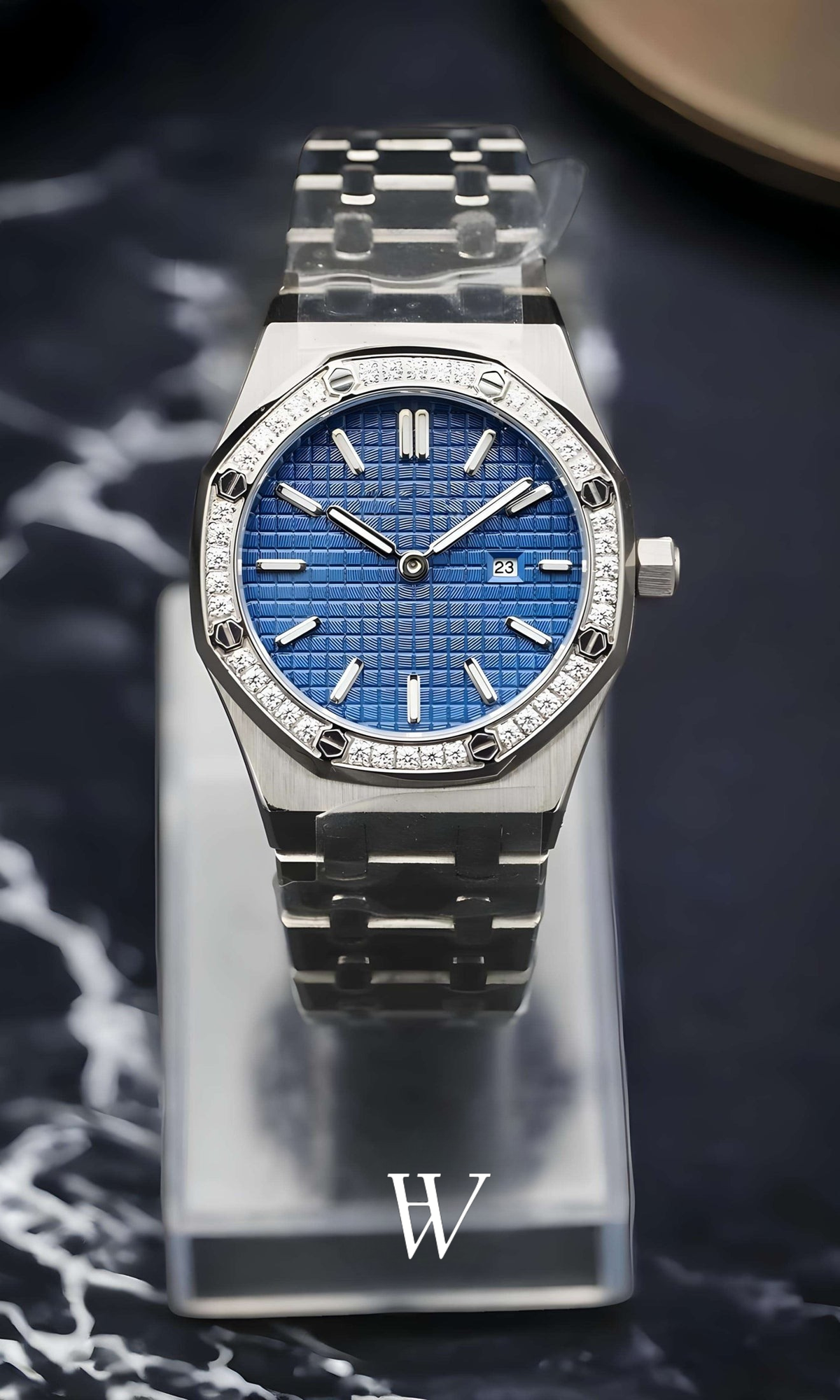 Lady Royal Seikoak Iced Blue de HW Design, reloj de caja integrada de 34 mm con esfera azul, acero 316L y cristal de zafiro