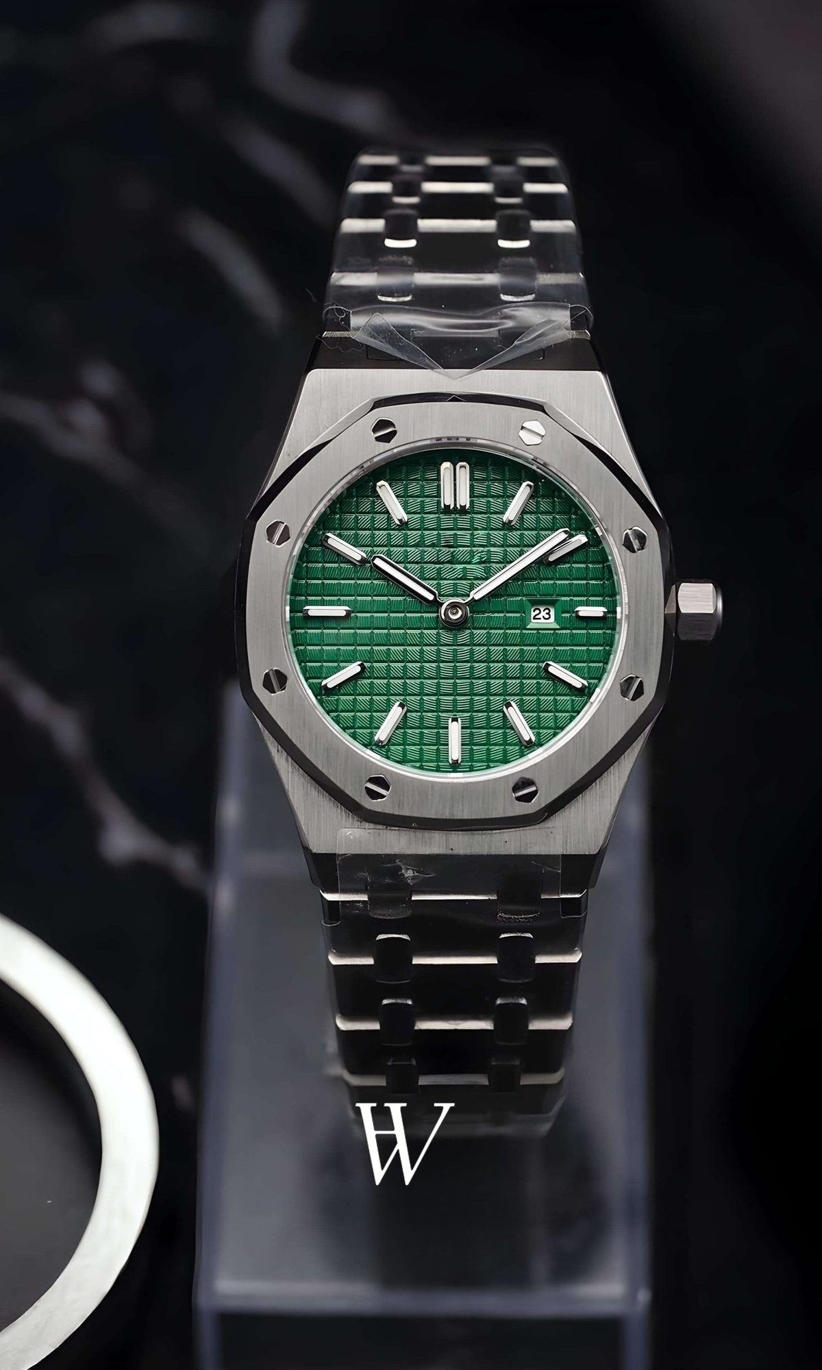 Lady Royal Seikoak Green de HW Design, reloj de caja integrada de 34 mm con esfera verde, acero 316L y cristal de zafiro