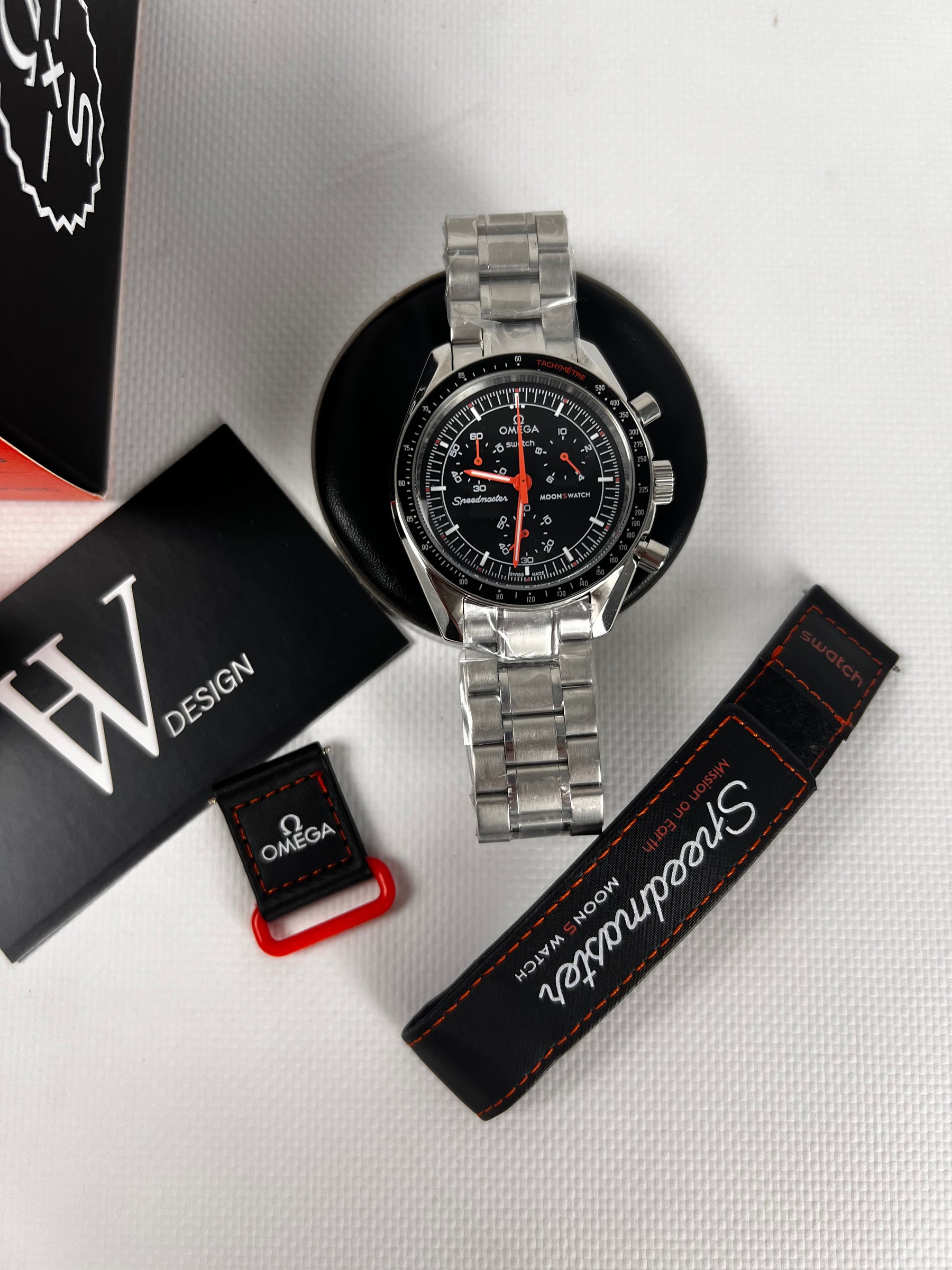Omega x Swatch Mission to Earth Lava Steel mod de HW Design, cronógrafo de 42 mm con esfera naranja, caja de acero 316L y cristal de zafiro