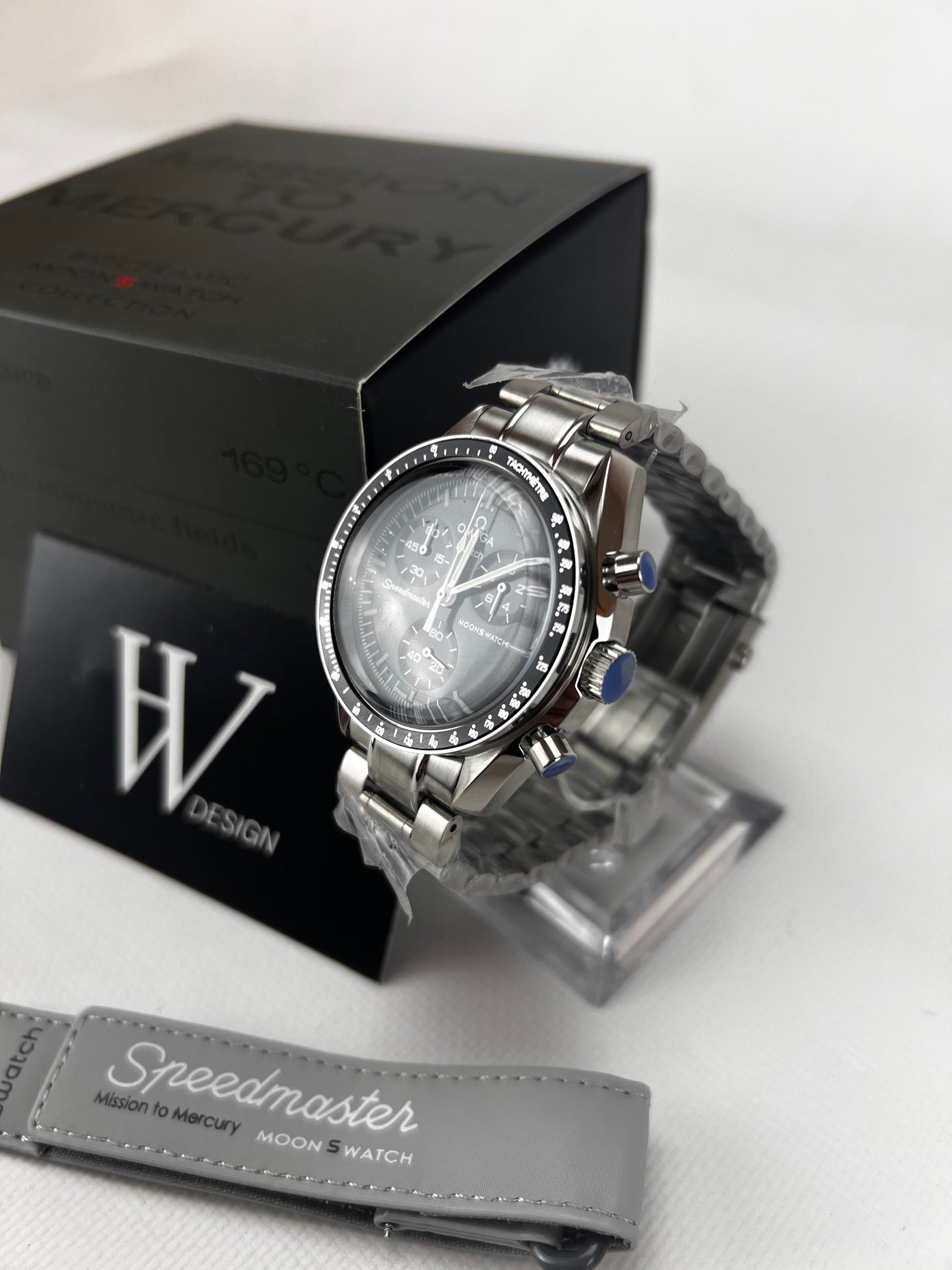 Omega x Swatch Mission to Mercury Steel mod de HW Design, cronógrafo de 42 mm con esfera gris, caja de acero 316L y cristal de zafiro