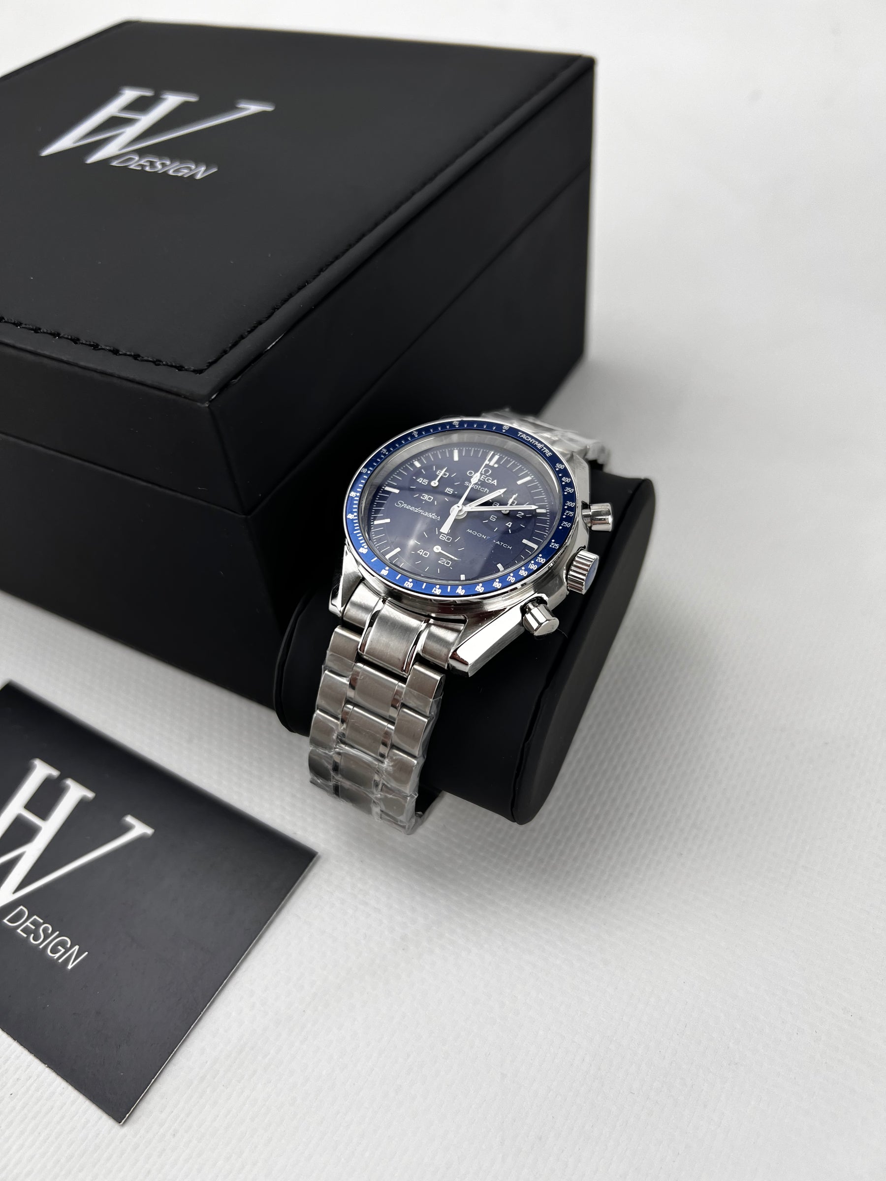 Omega x Swatch Mission to Neptune Steel mod de HW Design, cronógrafo de 42 mm con esfera azul, caja de acero 316L y cristal de zafiro