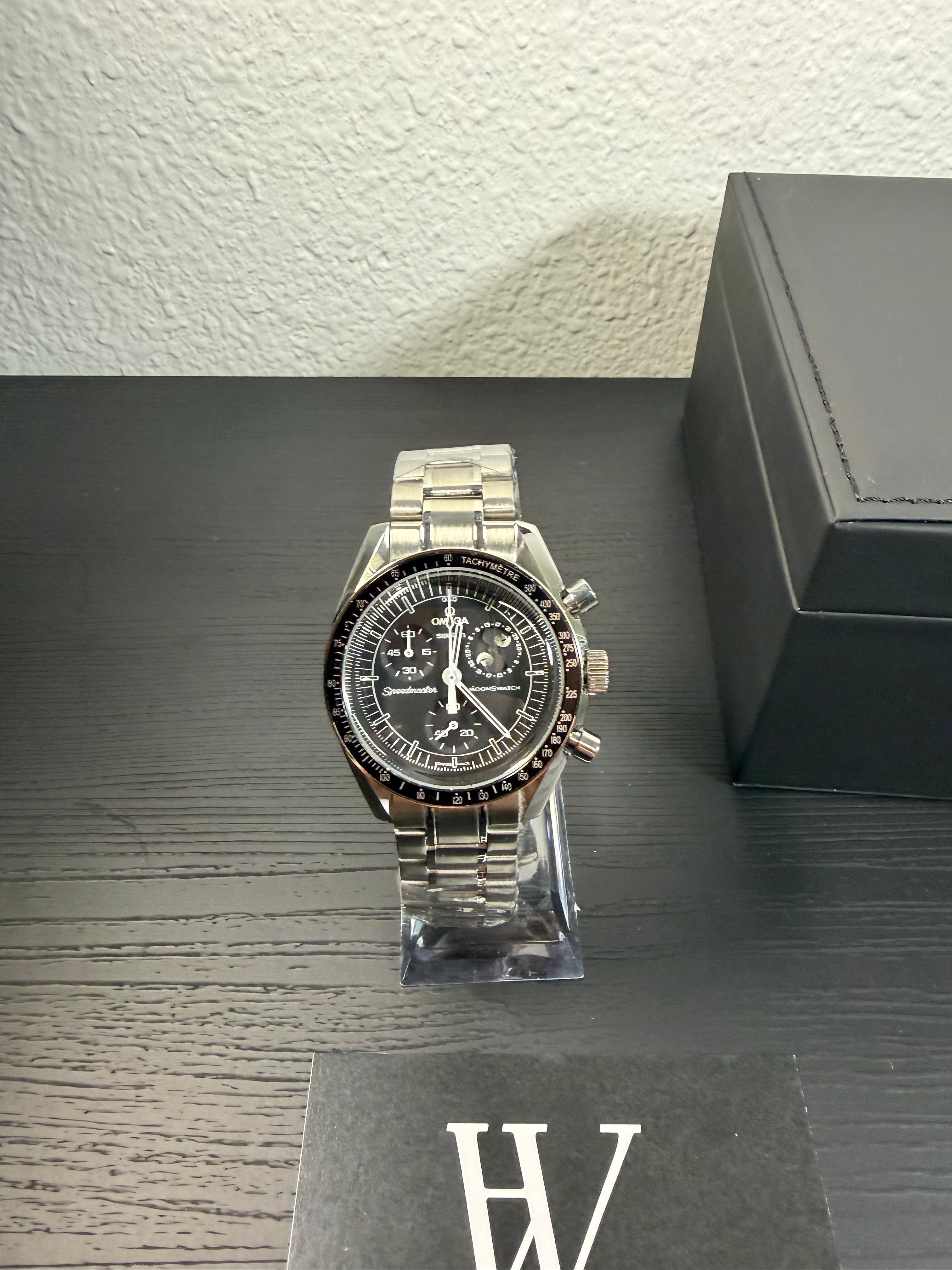 Omega x Swatch Mission to Moon black snoopy Moonphase Steel mod by HW Design