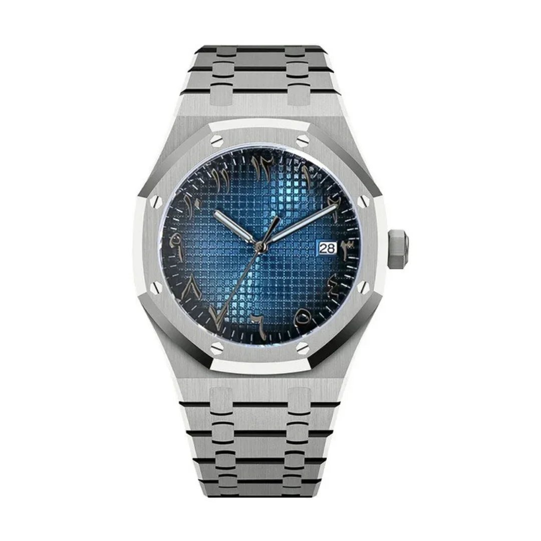 Royal Seikoak Arabic Blue de HW Design, reloj de caja integrada de 41 mm con esfera azul, acero 316L y cristal de zafiro