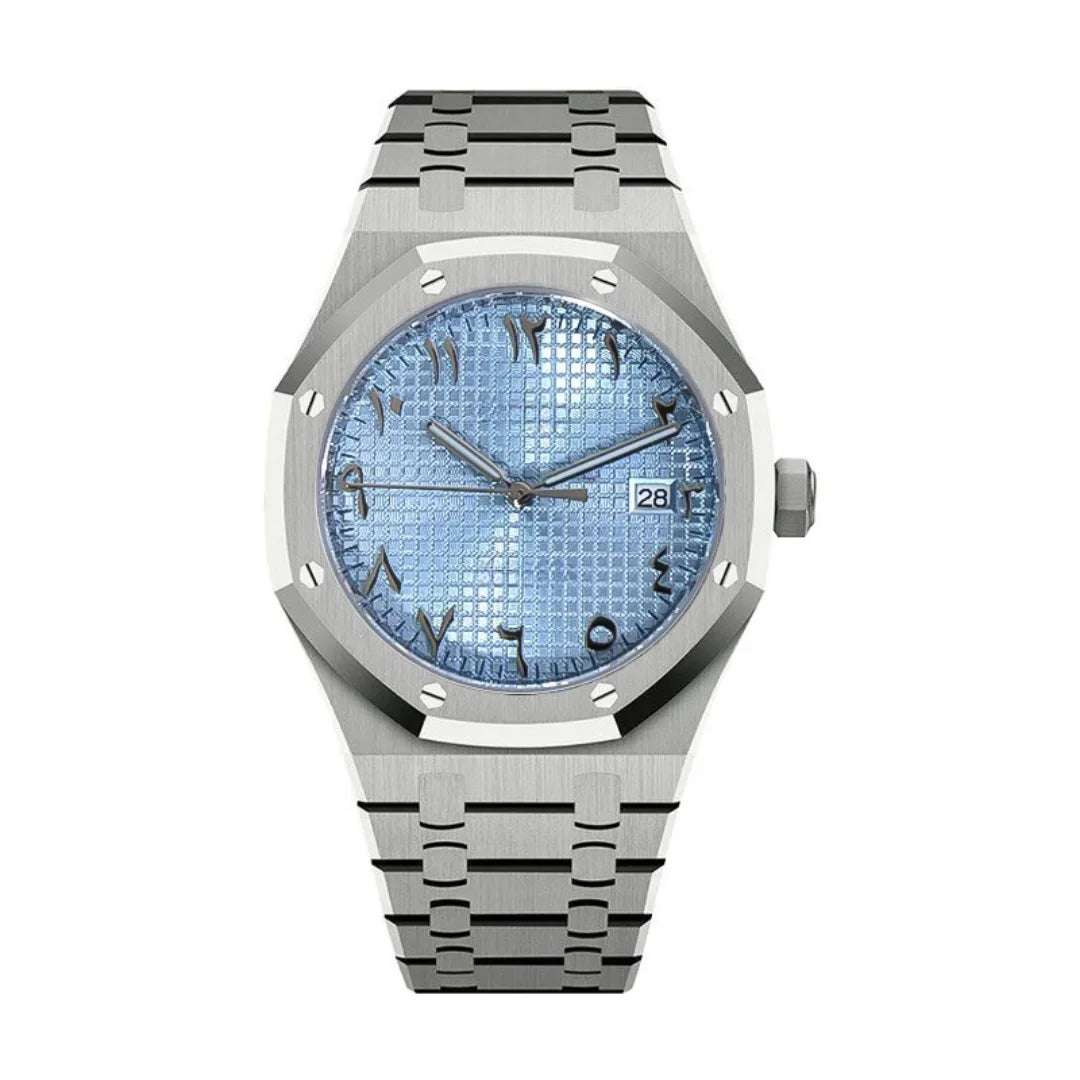 Royal Seikoak Arabic Ice Blue de HW Design, reloj de caja integrada de 41 mm con esfera azul, acero 316L y cristal de zafiro