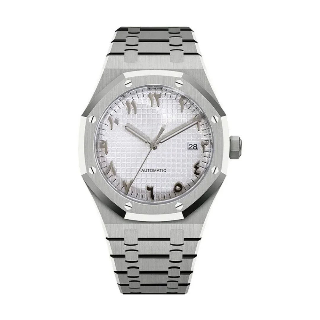 Royal Seikoak Arabic White de HW Design, reloj de caja integrada de 41 mm con esfera blanca, acero 316L y cristal de zafiro