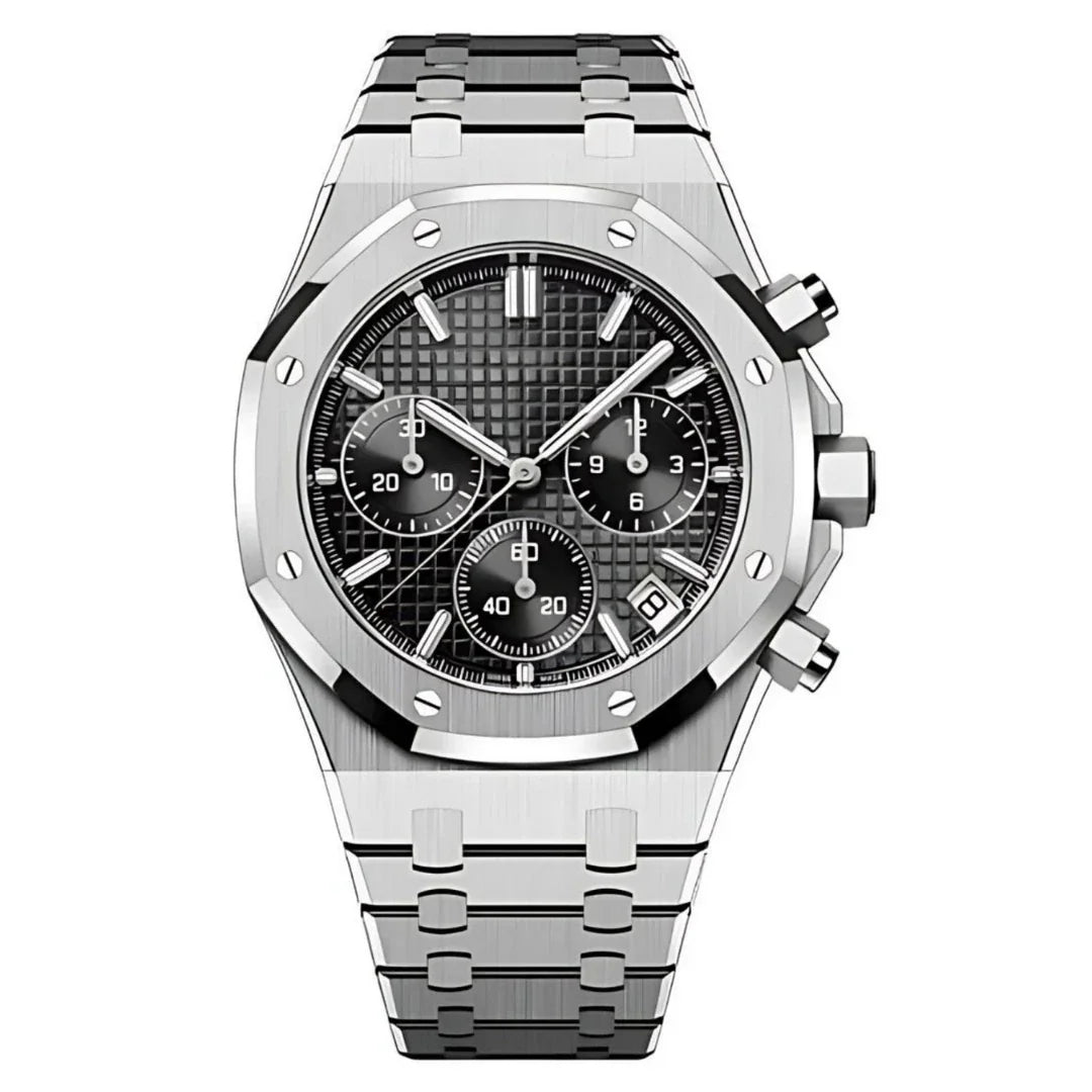 Royal Seikoak Chrono Black de HW Design, cronógrafo de caja integrada de 41 mm con esfera negra, acero 316L y cristal de zafiro