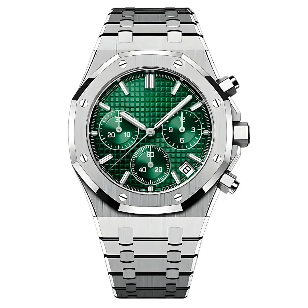 Royal Seikoak Chrono Green de HW Design, cronógrafo de caja integrada de 41 mm con esfera verde, acero 316L y cristal de zafiro