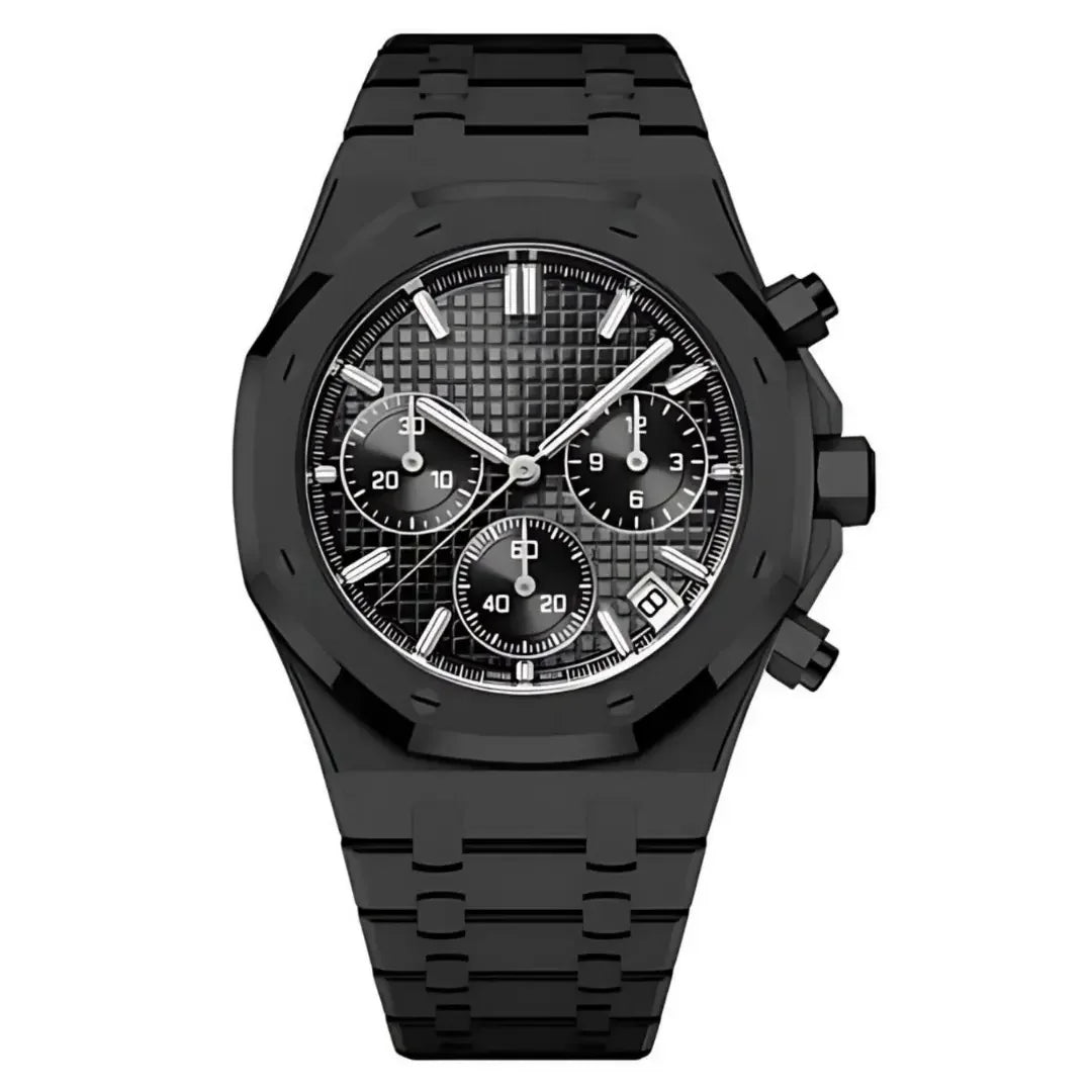 Royal Seikoak Chrono Full Black de HW Design, cronógrafo de caja integrada de 41 mm con esfera negra, acero 316L y cristal de zafiro