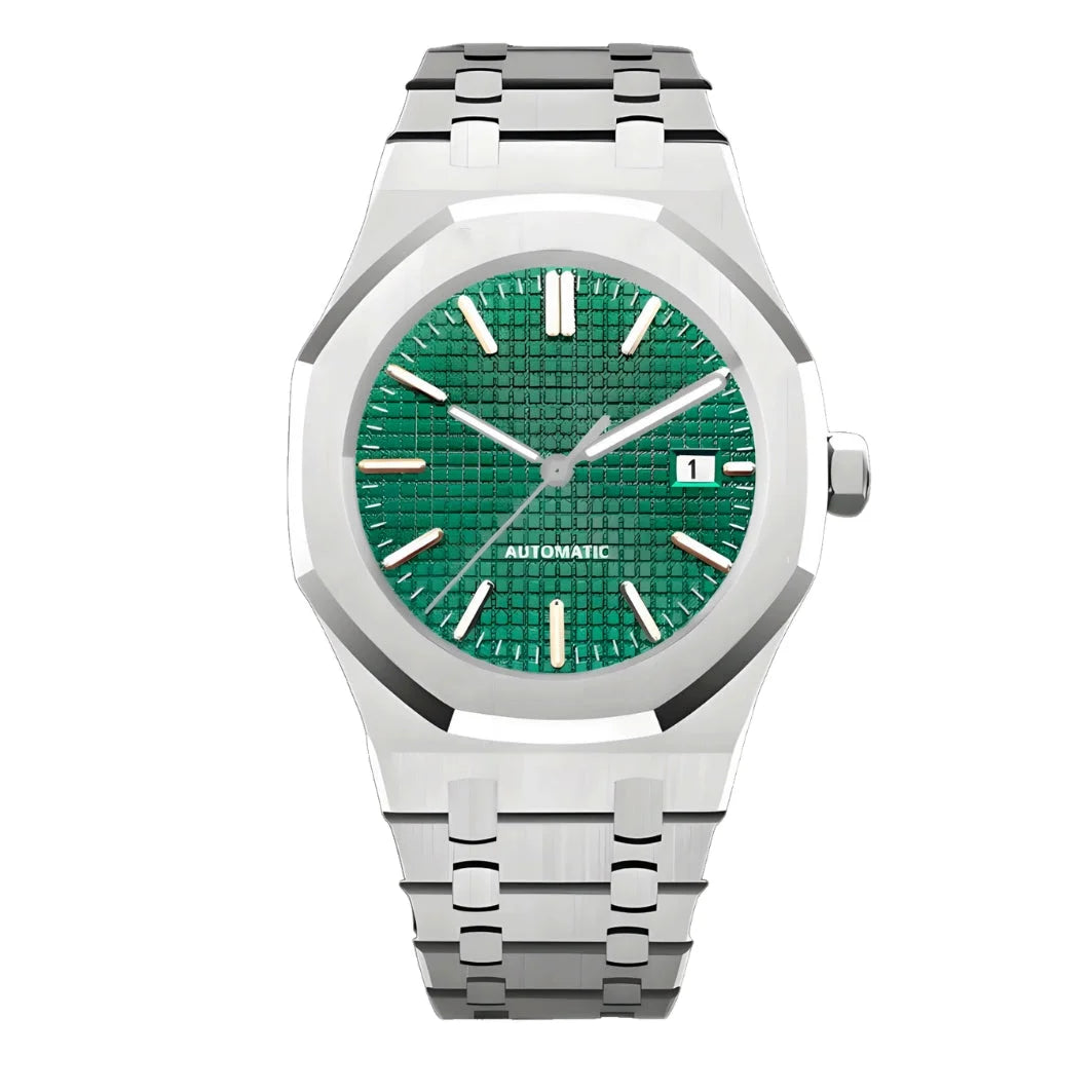 Royal Seikoak Green de HW Design, reloj de caja integrada de 41 mm con esfera verde, acero 316L y cristal de zafiro
