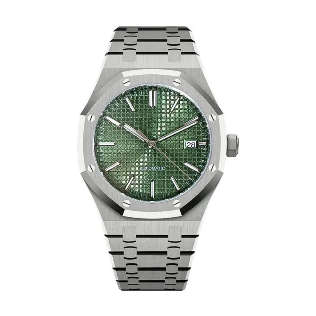 Royal Seikoak Olive Green de HW Design, reloj de caja integrada de 41 mm con esfera verde, acero 316L y cristal de zafiro