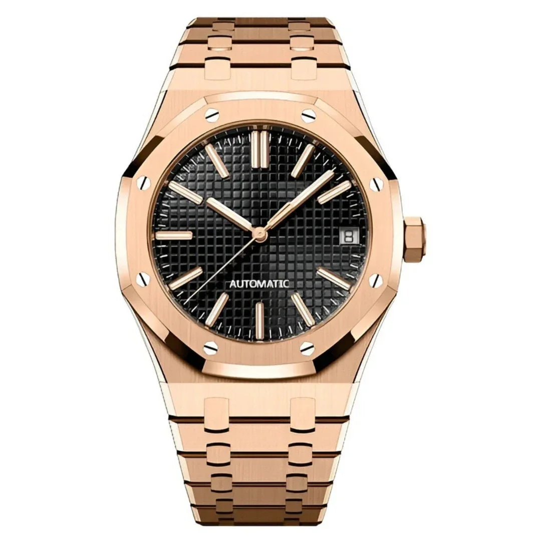 Royal Seikoak Rose Gold Black de HW Design, reloj de caja integrada de 41 mm con esfera negra y detalles en oro rosa, acero 316L y cristal de zafiro