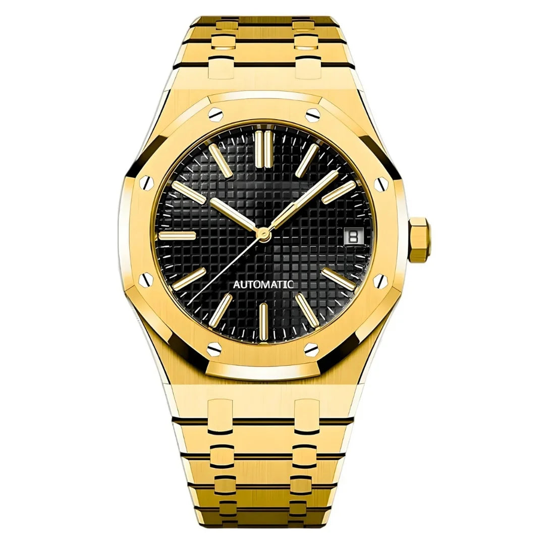 Royal Seikoak Gold - Black de HW Design, reloj de caja integrada de 41 mm con esfera negra y detalles en oro, acero 316L y cristal de zafiro