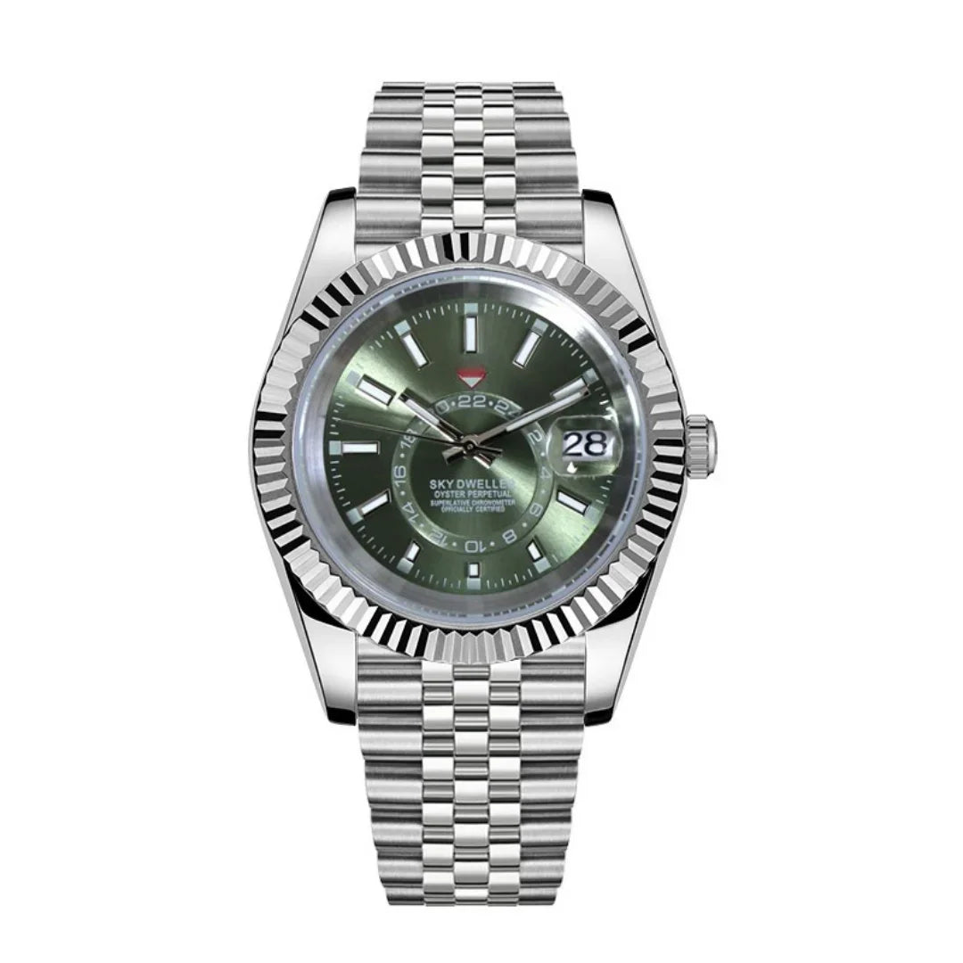 Dateko Sky Dweller Olive Green de HW Design, reloj de vestir de 36 o 39 mm con esfera verde, caja de acero 316L y cristal de zafiro