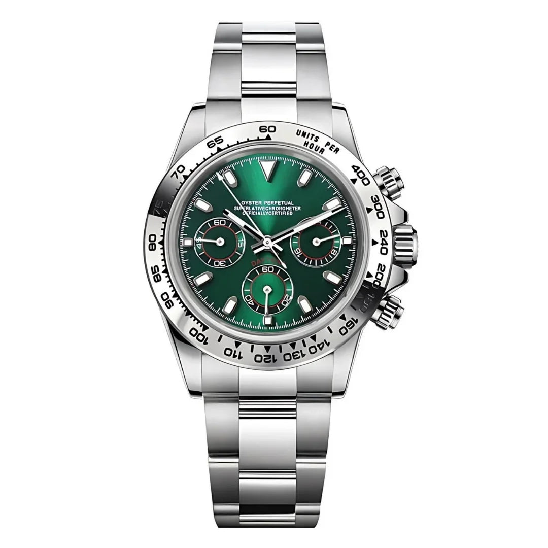 Seiktona Silver Green de HW Design, cronógrafo de 40 mm con esfera verde y detalles en plata, caja de acero 316L y cristal de zafiro